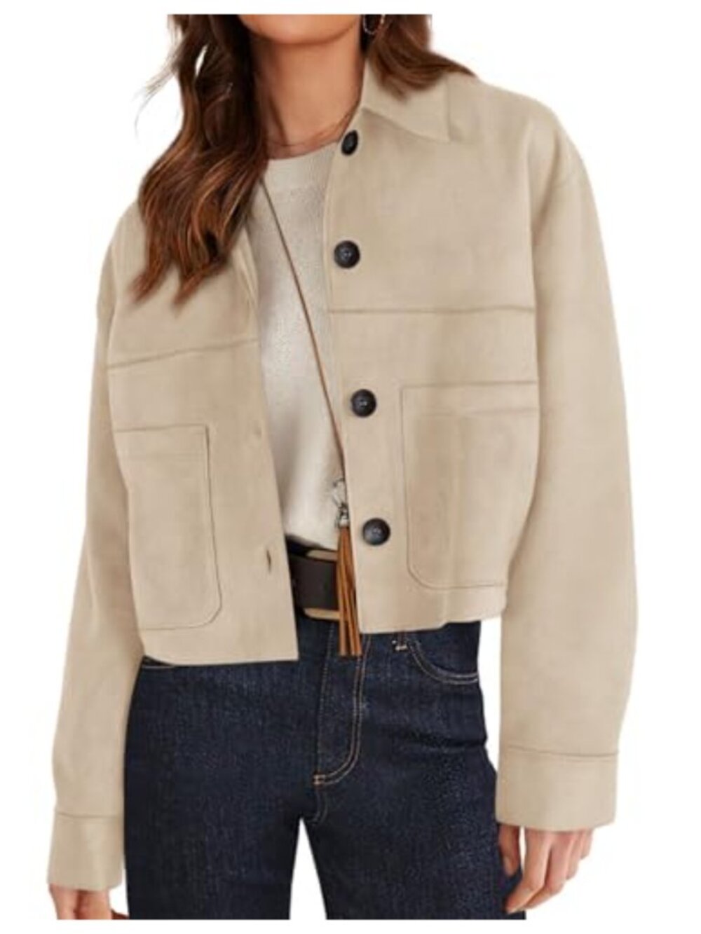 Faux Suede Lightweight Cropped Jacket Womens Aviator Casual Coat